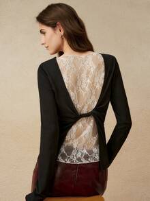 Cévolie Women's Autumn/Winter French Style 2 In 1 Lace Patchwork Backless Ruched Waist Fitted Knit Long Sleeve T-Shirt - Black - View 1