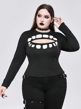 Goth Camiseta ajustada de talla grande para mujer con estampado de dientes góticos y diseño calado