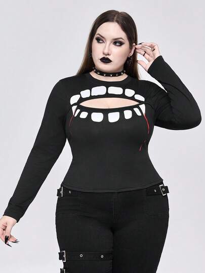 Gothic Teeth Print Hollow Out Plus Size Women Tight T-Shirt