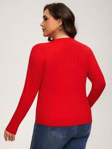 INAWLY Plus Size Women Cable Knit Cardigan, Casual Everyday Commute Wear, Minimalist Solid Color, Autumn - Red - View 3
