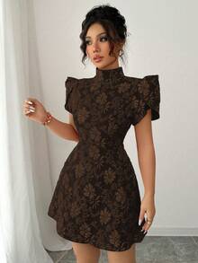 Elenzga Women's Vintage Red Textured Fabric Puff Sleeve Elegant High Neck Backless Bow Contrast Color Cutout Waist Slim Fit Unique Design Mini Dress, Summer - Coffee - View 2