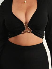 Vionelle 大码女式纯色金属装饰长袖镂空腰性感喇叭连体裤 - 黑色 - 查看 5