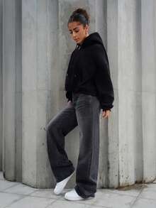 SAYEHFBABY Quần denim ống rộng rộng rãi có khóa kéo thường ngày dành cho nữ - Màu xám đen - Xem 4