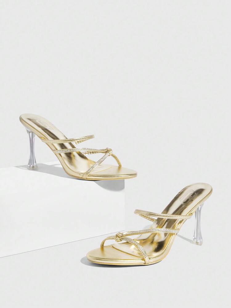 CUCCOO SZL Gold Metal PU Strap Rhinestone Fashionable Sexy Glass Heel Round Toe High Heel Sandals