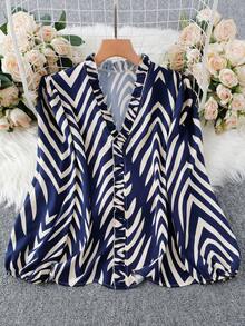 SHEIN Clasi Plus Size Contrast Color Print Casual Long Sleeve Shirt - Royal Blue - View 1