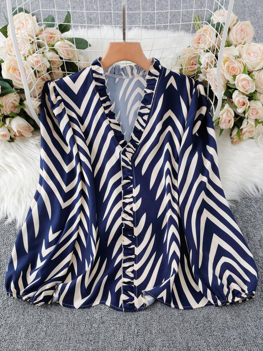 SHEIN Clasi Plus Size Contrast Color Print Casual Long Sleeve Shirt - Royal Blue - View 1
