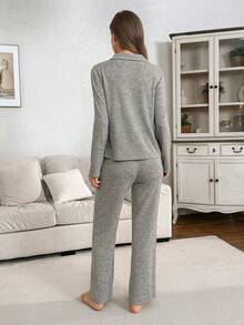 Lazeform 女士翻领针织长袖睡衣套装，秋冬季服装 - 卡其色 - 查看 2