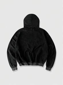 ROMWE MEN Street Life Sudadera con capucha casual de manga larga con cordón y estampado de letras y pentágrama para hombres - Negro - Ver 2