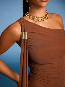 Normani Mittellanges Damen Einfarbiges Kleid mit asymmetrischem Ausschnitt und Raffung, Westliche Damenoutfits, Strandkleid, Rave-Outfits, Pastellkleid, Lässiges Sommerkleid, Abschlussballkleid - Braun - Übersicht 4