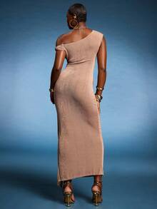 Normani Women's Elegant Ruched Shoulder Cinched Waist Dress, Summer - Brown - View 2