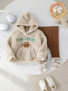 SHEIN Babygirl 可爱毛绒字母印花连帽衫和裤子套装，秋冬 - 米色 - 查看 5