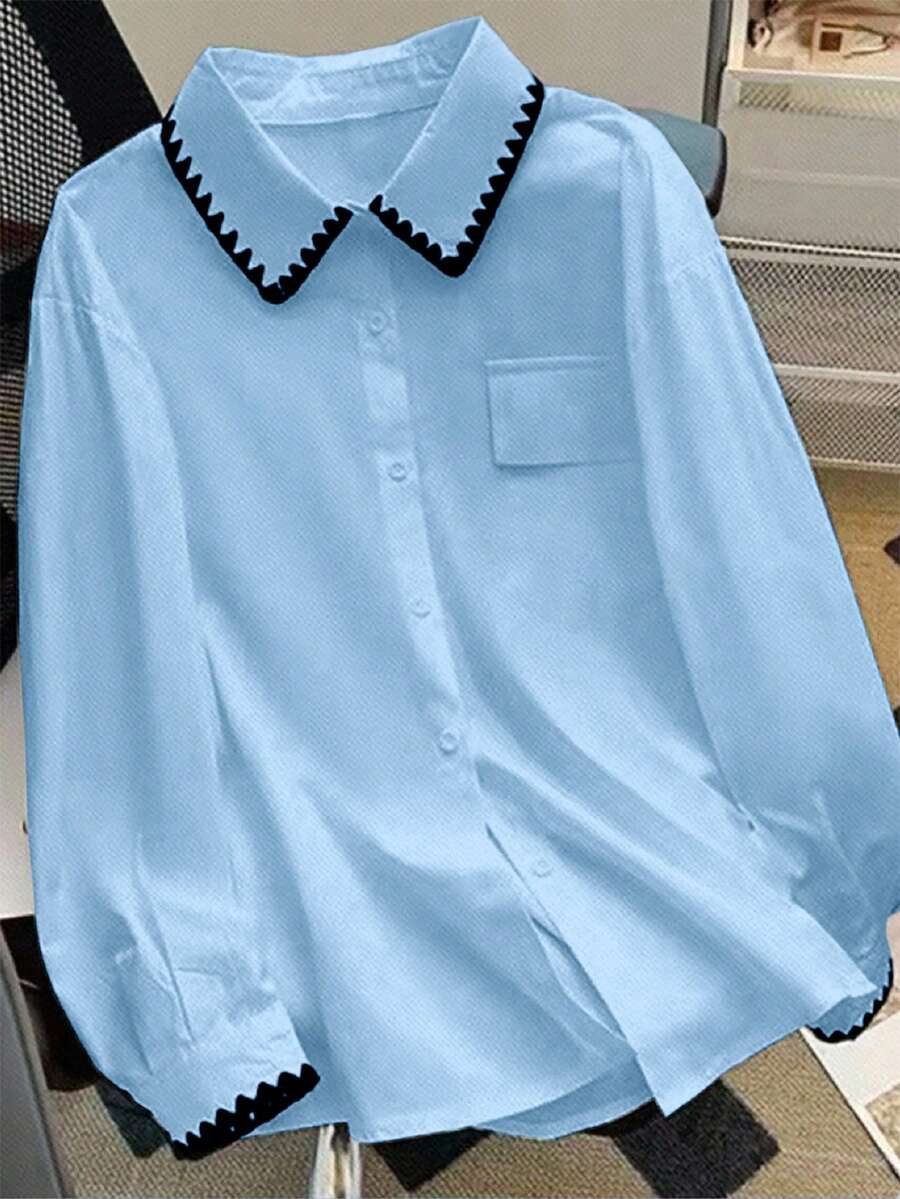 SHEIN LUNE 大码女式碎花长袖单排扣休闲宽松衬衫 - 藍色 - 查看 1