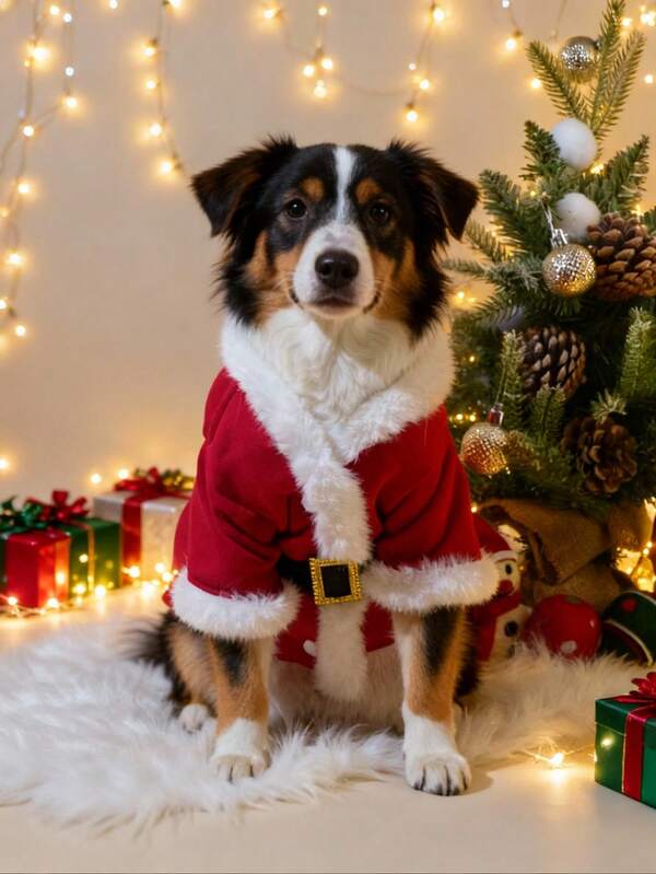 PETSIN Abrigo de algodón con diseño de reno navideño - Chaqueta acolchada de algodón con forma de Papá Noel rojo para perros, ropa de invierno cálida para gatos