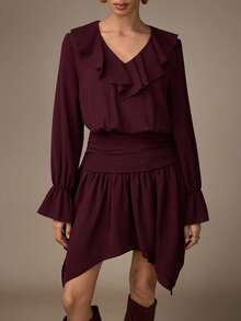 Modelyn Women's V-Neck Ruffle Flare Sleeve Asymmetrical Long Dress - Burgundy - View 4
