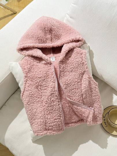 SHEIN 青少年女孩休闲街头风格舒适双面羊毛连帽拉链短款无袖夹克