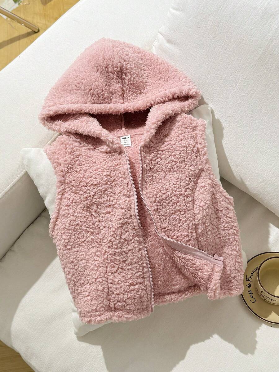 SHEIN 青少年女孩休闲街头风格舒适双面羊毛连帽拉链短款无袖夹克