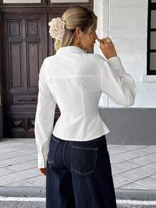 Serisse Damen Einfarbige Kreuz-Wickel Geraffter Vorderseite Knopf Elegante Langarm Bluse - Weiss - Übersicht 2