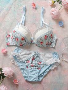 2pcs Floral Cute Satin Underwire Push-Up Balconette Bra Set, Padded, Strapless, Ruffle Trim, Mesh Insert, Comfortable, Romantic Countryside Style Women's Lingerie Set - Blue - View 8