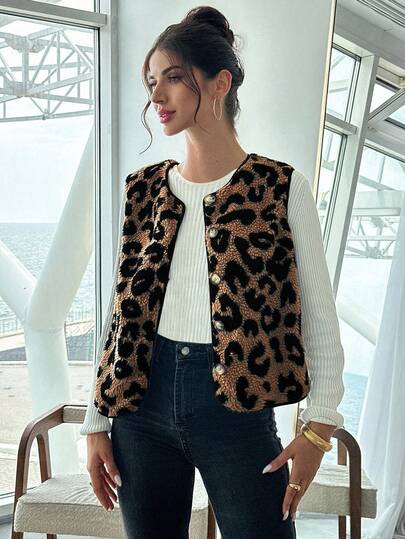 SHEIN Essnce Quần áo mùa đông cỡ lớn cho phụ nữ công sở thường ngày Áo khoác vest Sherpa in họa tiết da báo cài một hàng khuy, Áo khoác mùa thu/đông Áo khoác lông thú Áo ba lỗ nữ Áo khoác nữ