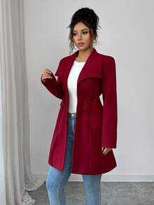 Elenzga Chaqueta delgada de mujer con manga larga y cordón, con solapa grande, para otoño/invierno - Burdeos - Ver 5