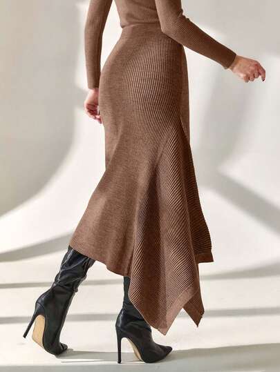 EURMUSE Smart Office Chic Asymmetrical Cut Midi Length Knitted Skirt