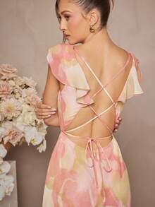 L'Amorae Casual Women's Floral Ruffle Chiffon Sleeveless Jumpsuit - Pink - View 6