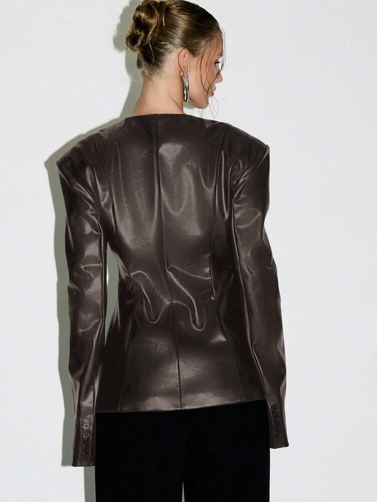 KIZN Structured Faux Leather Blazer With V Neck