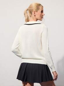 CourtClass Regular Fit Contrast Trim Sporty Long Sleeve Polo Sweater For Women Tennis Top - White - View 2