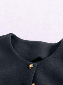 Franclia 时尚法式优雅短款棕色圆领长袖女士大衣，秋冬 - 藏蓝色 - 查看 3