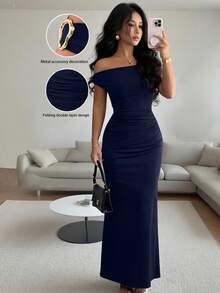 Rafferiza Elegant Ruched Off Shoulder Metallic Accent Fitted Party Dress For Women - Navy Blue - View 1