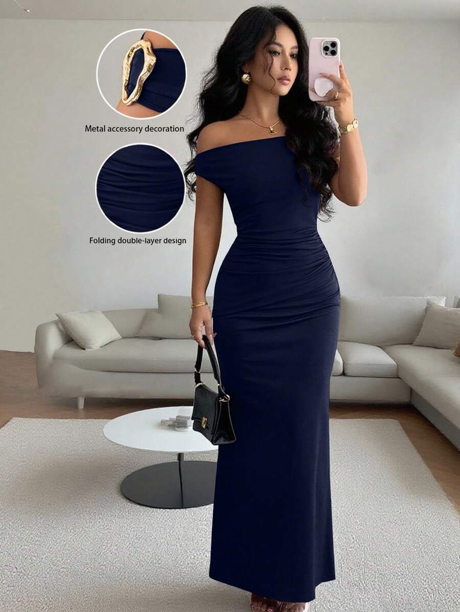 Rafferiza Elegant Ruched Off Shoulder Metallic Accent Fitted Party Dress For Women - Navy Blue - View 1