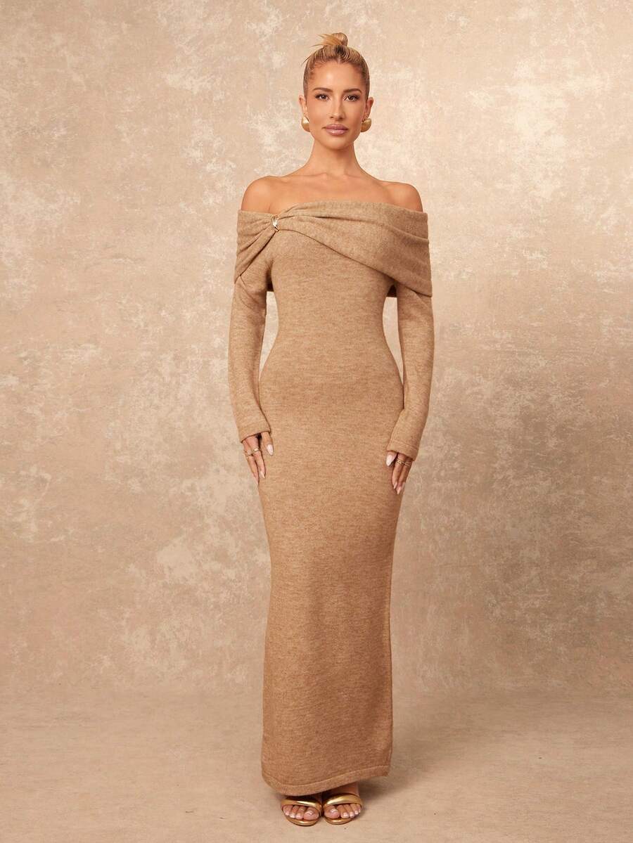SHEIN Privé 女式时尚优雅露肩修身针织连衣裙
