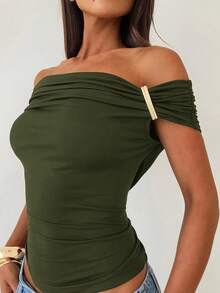 Aloruh Military Green Off Shoulder Knit T-Shirt, Summer - Army Green - View 9