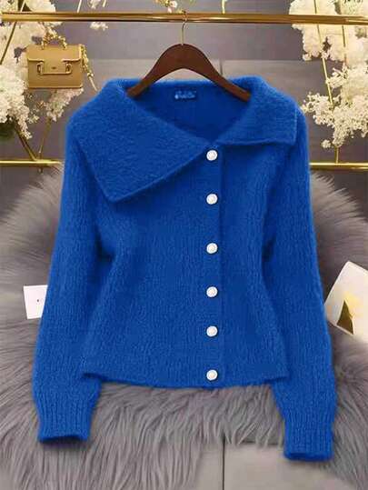 GlowEve Damski kardigan z szerokimi klapami, złotymi guzikami, asymetrycznym dołem, dzianinowy sweter, odpowiedni na wyjścia, spotkania i imprezy jesienią/zimą