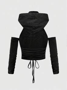 ROMWE Grunge Punk Punk Apokalyptischer Wüstenstil Kapuzen Rückenfrei Kordelzug Design Figurbetont Kurzes Off-Shoulder Langarm Top