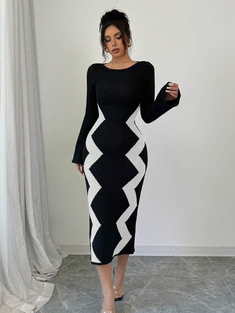 Elenzga Women's Sweater Dress With Flare Sleeves - Black and White - View 6