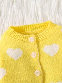 SHEIN Newborn Baby Girl Cute Heart Pattern Pink Long Sleeve Knitted Romper, Autumn/Winter - Yellow - View 4