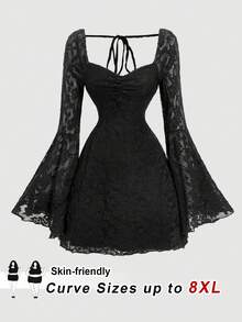 SHEIN CURVE+ Christmas Plus Size Women's Black Lace Jacquard Flare Sleeve Short Knit Dress, New Year Outfit - Black - View 1