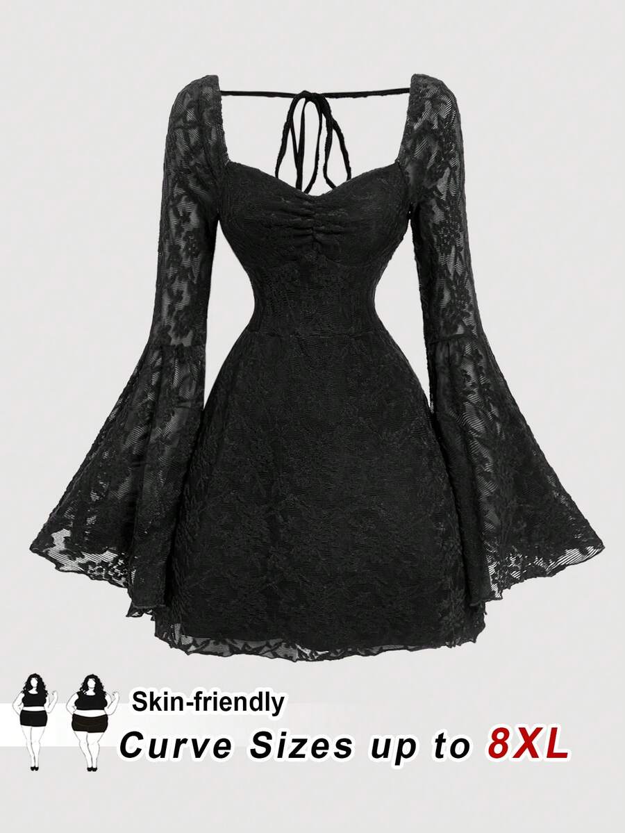 SHEIN CURVE+ Christmas Plus Size Women's Black Lace Jacquard Flare Sleeve Short Knit Dress, New Year Outfit - Black - View 1