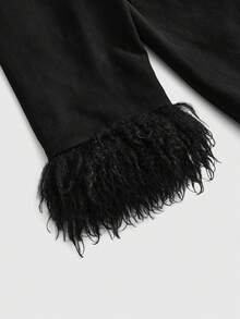 ROMWE EDITION Plus Size Gothic Rhinestone Cross Ostrich Fur Collar Cardigan Coat, Autumn/Winter - Black - View 4