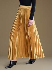 Ontre Váy nữ lưng thun xếp ly màu trơn thanh lịch đa năng giản dị - Màu Khaki - Xem 2