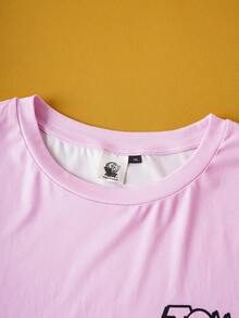 TOM & JERRY X SHEIN 大码女式可爱卡通字母图案落肩宽松短袖上衣和裤子睡衣套装 - 粉色 - 查看 4