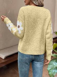 SHEIN LUNE Sweater Pullover Lengan Panjang Leher Bulat Motif Bunga Kasual Wanita - Aprikot - View 2