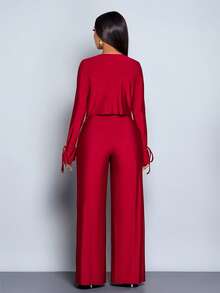 SOLERSUN 女士新款优雅深垂领长袖上衣和阔腿裤两件套服装，褶饰派对裤套装，女士两件套服装，节日晚装 - 酒紅色 - 查看 2