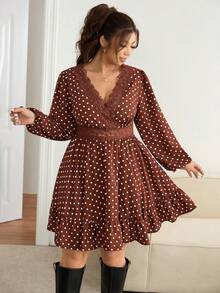 Lounesse Plus Size Elegant Commuter Polka Dot & Lace Patchwork Dress Romantic - Multicolor - View 3