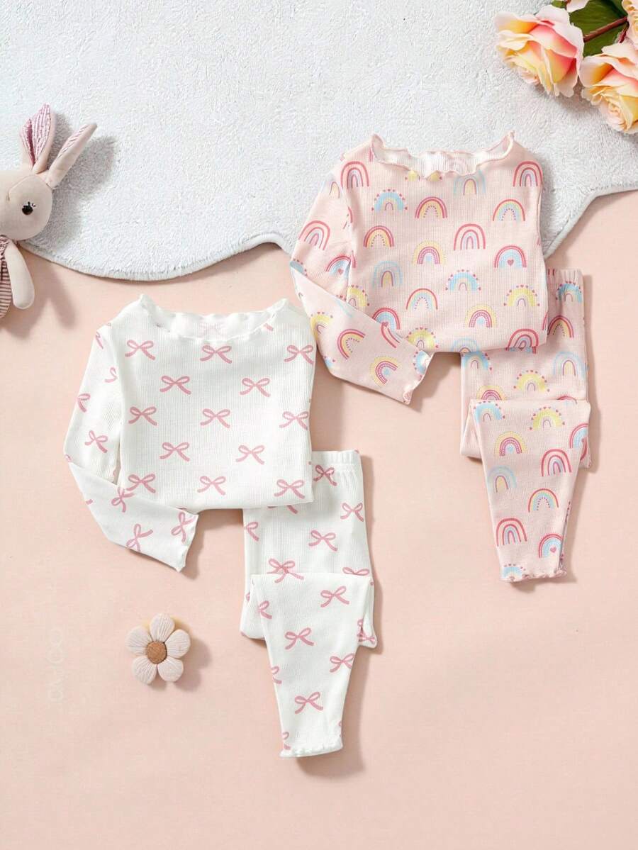 SHEIN 4 件套女婴可爱猫咪图案荷叶边圆领长袖睡衣套装,柔软舒适 - 彩色 - 查看 1