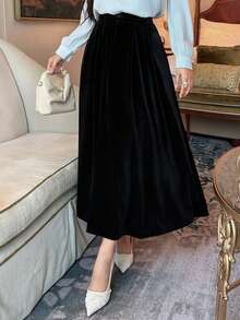 DAZY Falda de terciopelo drapeada de corte medio A-line adelgazante, falda paraguas elegante de alta calidad para mujeres