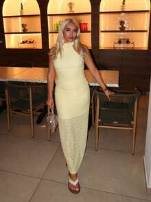 salliqueen Summer Beach Vacation Solid Light Yellow Bow Halter Neck Suit Vest Suit Skirt Suit, Suitable For Daily Dating, Night Out, Nightclubs, Parties, Get-Togethers, Cocktail Parties, Pool Parties, Back-To-School Season Clothes, Back-To-School Season Dresses, Holiday Dresses, Music Festival Clothes, Country Music Festival Clothes, Concert Clothes - Mustard Yellow - View 5