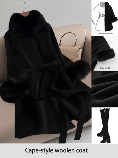 SHEIN CURVE+ Elegant överrock i plusstorlek med pälskrage och bälte