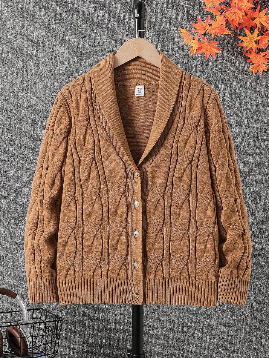 青少年男孩开衫，浅绿色粗针织披肩领开衫，柔软舒适，适合男孩穿着，适合日常穿着、外出、旅行、度假、居家、日托和返校 - 棕色 - 查看 1